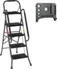 A black stepladder with four steps and a detachable tray is shown against a white background. The ladder has a safety rail and anti-slip pedals. Anteprima dell’immagine prodotto