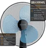 A close-up of a black stand fan with blue blades, set against a black background. Text overlays describe the product's features. Produktbild-Vorschau