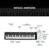 Schwarz-weiße Roll-up-Piano-Tastatur mit Beschriftungen, die auf die verschiedenen Funktionen und Bedienelemente hinweisen Voir les images du produit