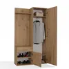 A wooden hallway cabinet with open doors, showing shelves, hooks, and shoe storage. Náhled obrázku produktu