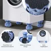 A collage of images showing washing machine feet pads under a washing machine and close-ups of the pads. Produktbild-Vorschau