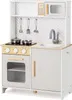 A wooden toy kitchen with various accessories, including pots, utensils, a sink, a faucet, a microwave, and an oven. Podgląd zdjęcia produktu
