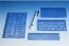 A set of blue plastic stencils for lettering and numbering, along with a white pen, are laid out on a light blue background. Produktbild-Vorschau