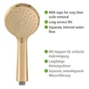 A gold shower head with text describing its features in English and German. Produktbild-Vorschau