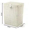 A white wicker laundry basket with a beige fabric liner and a metal clasp on the lid, shown with dimensions indicated by measurement lines and text. Náhľad obrázku produktu