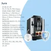 A coffee machine with two cups of coffee, and a list of compatible models. Náhled obrázku produktu