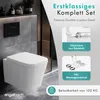 A modern bathroom setting with a wall-mounted toilet and product feature callouts. Produktbild-Vorschau