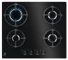 A top-down view of a black gas stovetop with four burners. One burner is lit with a blue flame. Voir les images du produit