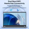A laptop is shown with marketing text about its connectivity features. Produktbild-Vorschau