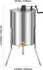 A stainless steel honey extractor with a manual crank and a spigot, shown on a white background with dimensions indicated. Anteprima dell’immagine prodotto