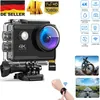 Collage of an action camera, its features, and lifestyle shots of it being used. Produktbild-Vorschau