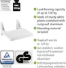 A white foldable shower seat with mounting brackets is shown, alongside text describing its features and certifications. Produktbild-Vorschau