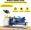 A blue and white mini metal lathe is shown on a wooden surface, with marketing text and icons above it. Produktbild-Vorschau