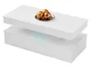 A white coffee table with decorative gold spheres on top and blue LED lighting underneath. Produktbild-Vorschau