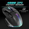 A gaming mouse with RGB lighting is displayed against a black background with promotional text. Produktbild-Vorschau