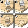 Four-panel illustration showing the steps of using a wood plug cutter to create a hole and insert a wooden plug. Voir les images du produit