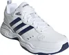 A white Adidas Strutter sports shoe with blue stripes. Voir les images du produit