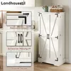 A white farmhouse-style storage cabinet with two doors and black hardware, shown in a kitchen setting with inset images highlighting details. Anteprima dell’immagine prodotto
