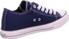 A side view of a navy blue canvas sneaker with white laces and a white sole. Produktbild-Vorschau