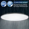 A large, round LED light fixture is shown hanging in a dark, rainy environment, suggesting its outdoor and waterproof capabilities. Produktbild-Vorschau