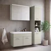 A modern bathroom vanity set with a sink, mirror cabinet, and tall storage cabinet, displayed in a clean, well-lit bathroom setting. Produktbild-Vorschau