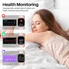 A woman sleeping in bed, with a smartwatch displaying health monitoring features. Produktbild-Vorschau