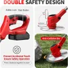Collage of images showing features of a red electric trimmer, including its safety lock, start button, anti-collision bar, and blade. Produktbild-Vorschau