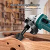 A woodworking tool is shown in use on a piece of wood, with text overlay describing its features. Produktbild-Vorschau