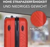 Close-up of a red suitcase with marketing text and a detail shot of its texture. Produktbild-Vorschau