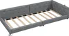 A gray upholstered daybed with a wooden slat mattress support is shown from a slightly elevated, diagonal angle against a white background. Produktbild-Vorschau
