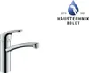 A chrome kitchen faucet is shown on a white background, with a logo and text in the upper right corner. Produktbild-Vorschau