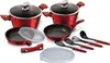 A set of red cookware and kitchen utensils arranged on a white background. Produktbild-Vorschau