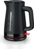 A black Bosch electric kettle with red accents is shown against a white background. Podgląd zdjęcia produktu