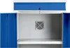 The interior of a blue and white cabinet with a fan mounted on the back wall. Produktbild-Vorschau
