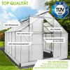 A greenhouse in an outdoor setting with text overlays highlighting its features and a TÜV certification logo. Produktbild-Vorschau