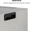 A close-up view of a stainless steel appliance, highlighting a black carrying handle and some text overlay. Produktbild-Vorschau