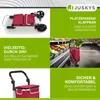 Collage of images showing a red shopping trolley and its features, set against green and white backgrounds. Podgląd zdjęcia produktu