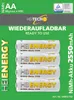 A stack of four AA batteries with branding and product information. Produktbild-Vorschau