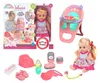 A collage of a doll playset, including a doll, a high chair, and various accessories. Produktbild-Vorschau