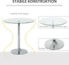 A round glass-top table with a silver metal base, shown with descriptive text and close-up views of its components. Produktbild-Vorschau