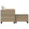 Side view of a beige poly rattan sofa with two white cushions and a matching ottoman with a white cushion. Produktbild-Vorschau