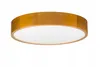 A round, wooden ceiling lamp with a white diffuser is shown against a white background. Produktbild-Vorschau