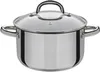 A stainless steel pot with a glass lid and handles, shown from the front. Produktbild-Vorschau