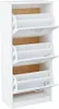 A white shoe cabinet with three open flip-out drawers. Produktbild-Vorschau