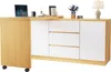 A modern wooden and white desk with drawers and a cabinet, set against a white background. Produktbild-Vorschau