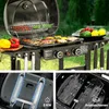 A gas grill with food cooking on it, and close-up views of its components. Produktbild-Vorschau
