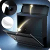 A black mailbox with its doors open, showing arrows indicating airflow and a close-up of a fingerprint scanner and a feather. Produktbild-Vorschau