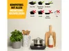 A kitchen counter with a small plant, kitchen utensils, a mini induction cooktop with a pot, and a bottle of oil. The top left has an informational graphic about induction cooktop compatibility. Voir les images du produit