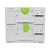 Two stacked toolboxes with green clasps. Voir les images du produit
