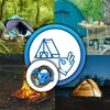 A collage of camping scenes, including tents, a campfire, and a close-up of a shower hose with connectors. Produktbild-Vorschau